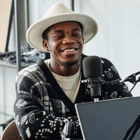 man smile in microphone